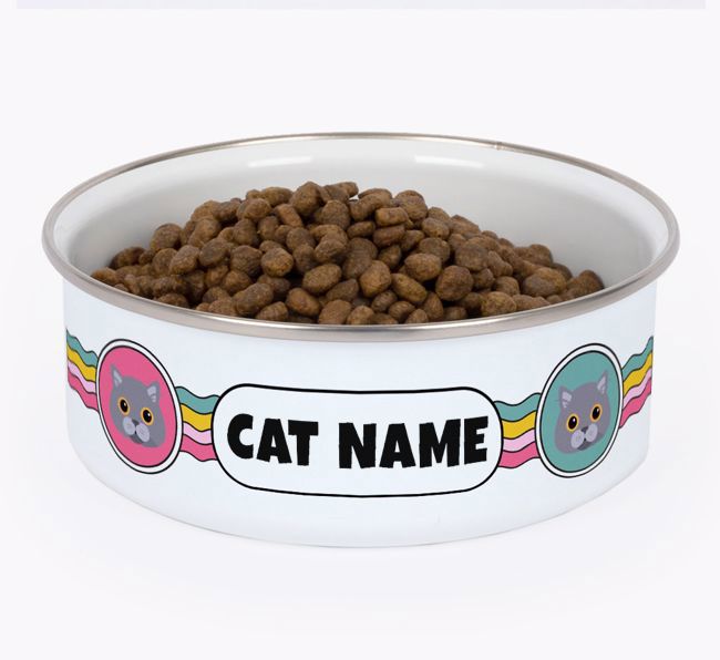 Rainbow Waves: Personalised {breedCommonName} Enamel Cat Bowl